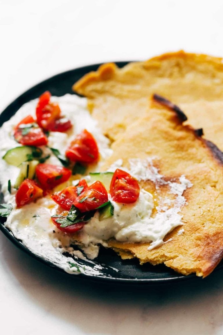 Crispy Socca with Whipped Feta & Fresh Tomato Salad